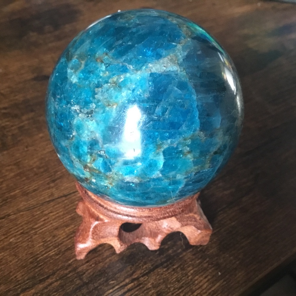blue apatite crystal sphere w/ stand